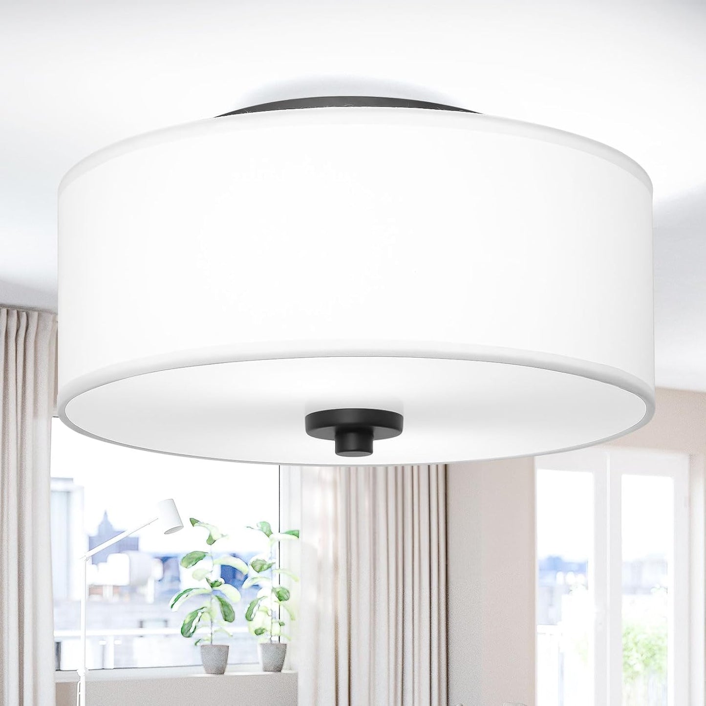 Lodstob 2-Light Flush Mount Ceiling Light Fixture, 12\u201D Modern Close to Ceiling Light with White Fabric Linen Drum Shade, Round Ceiling Light for Bedroom Hallway Living Room Bathroom Dining Kitchen