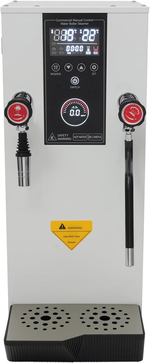 1000W Commercial Milk Frother, 12L\/3.2Gal 304 Stainless Steel Water Boiler, Electric Steam Boiling Water Machine, Milk Frothing Machine W\/LED Display, IPX3 Waterproof, For Cafe, Coffee Shop (White)