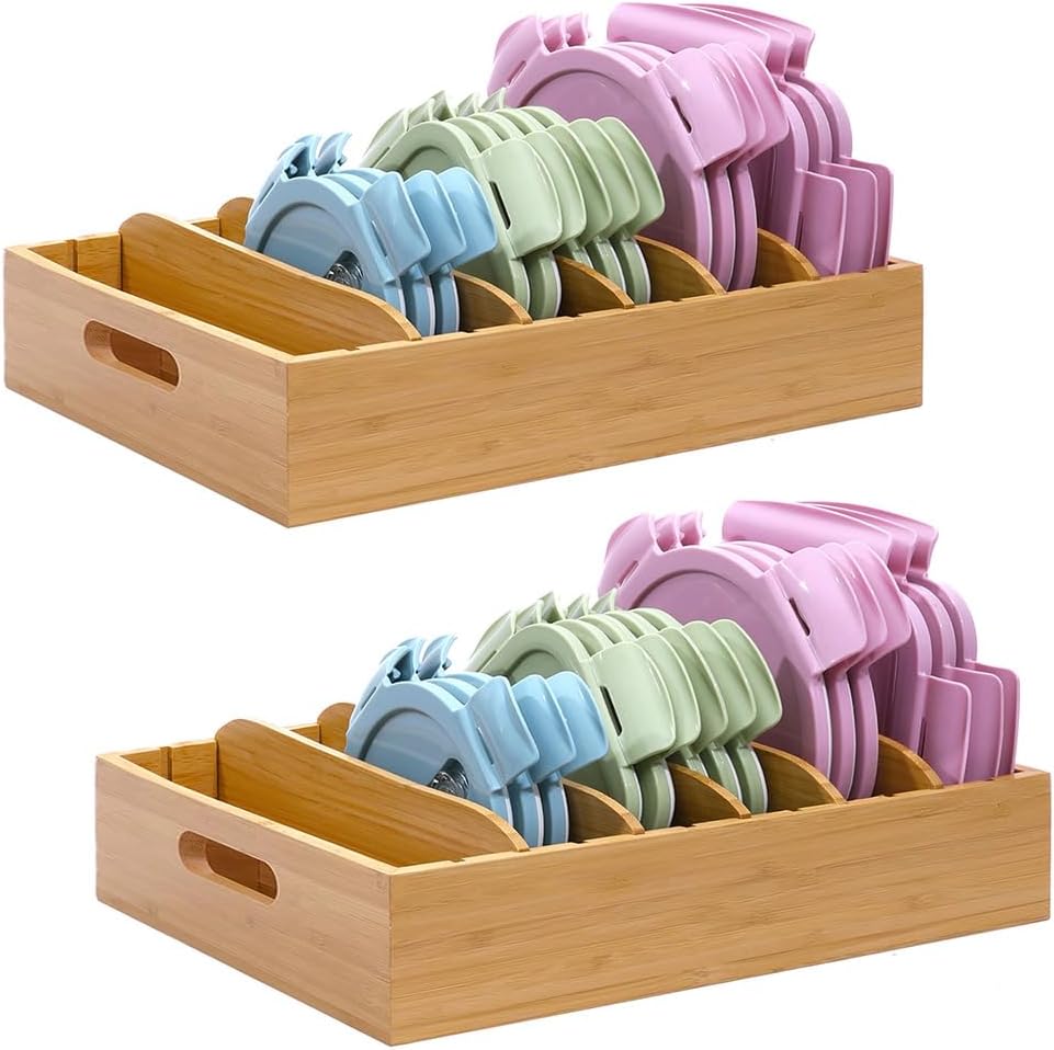 Bamboo Lid Holder Food Container, Kitchen Organizer with 5 Adjustable Dividers, Cabinet Organizer for Food, Kitchen Gadget, Container Lids (2)