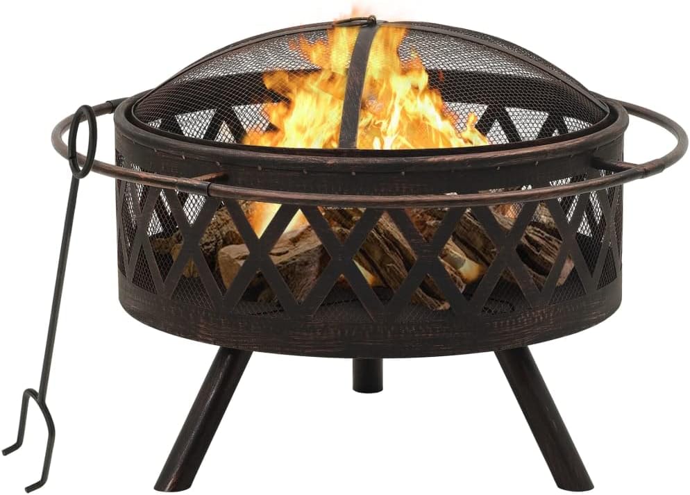 Rustic Fire Pit with Poker Rustic Steel Fire Pit with Mesh Cover for Outdoor Garden and Patio Warmth 29.9" XXL Steel