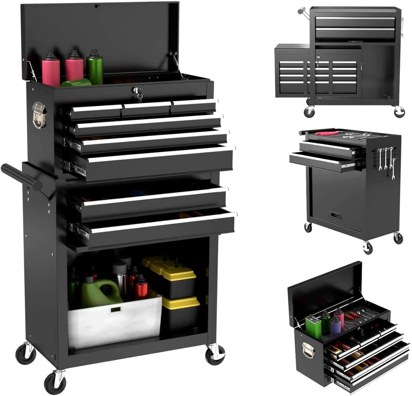 SGmory 8-Drawer Rolling Tool Box, Lockable Rolling Tool Chest with Wheels and Drawers, 2 in 1 Large Capacity Storage Tool Cabinet for Warehouse, Garage, Tool Room and Repair Shop (Black)