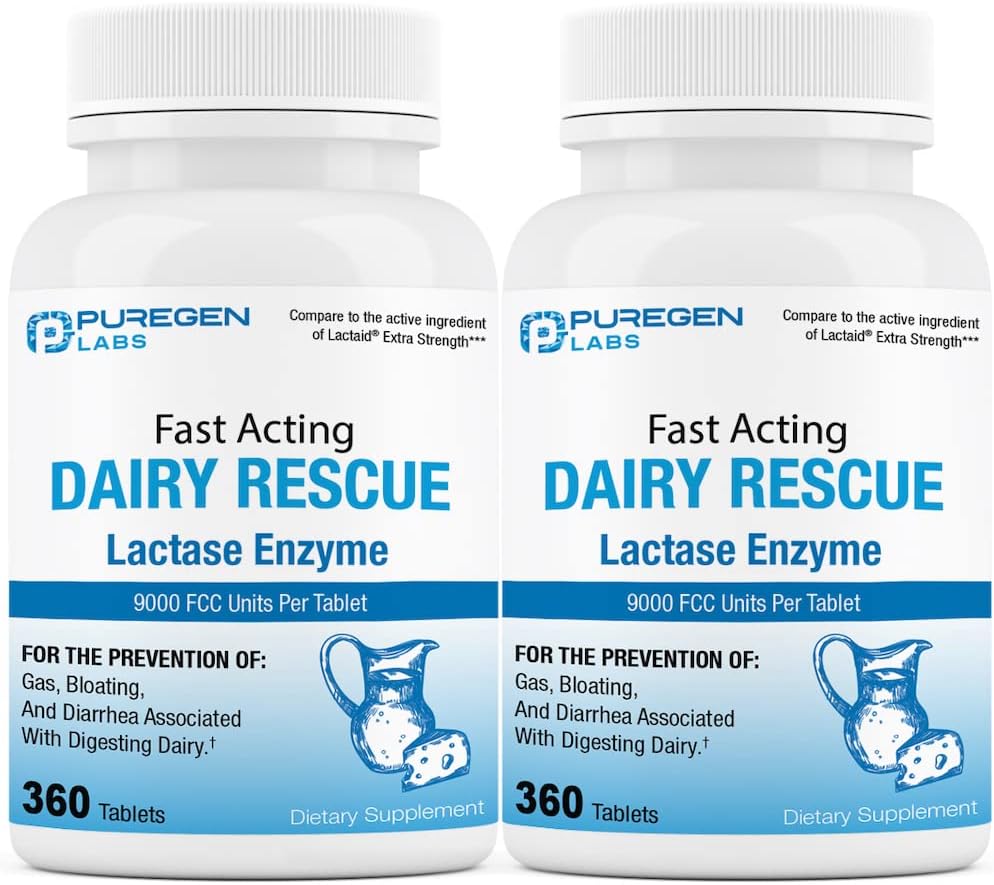 Puregen Labs Dairy Relief Fast Acting Lactase Enzyme 9000 FCC, Lactose Intolerance 720 Total Tablets