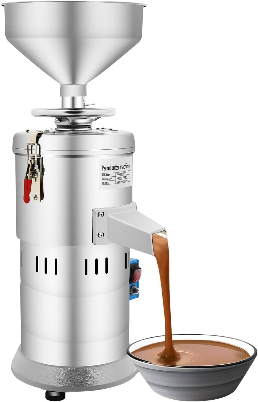 Peanut Butter Maker Machine, 110V/60Hz 1100W Electric Grain Grinder Peanut Butter Maker, Home Commercial Sesame Sauce Grinder for Groundnut, Almond, Cashew Nut, Rice, Grinding Capacity 33lbs/h