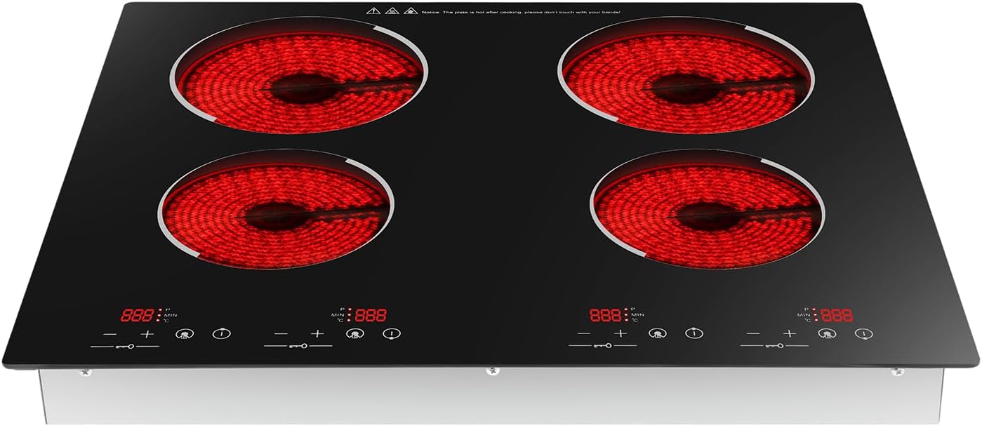 4 Burners Electric Ceramic Cooktop 3000W Portable Cooktop Electric Built-in Cooktop with Sticker 9 Heating Levels Countertop Burner Heating Plate for Kitchens, Cabins