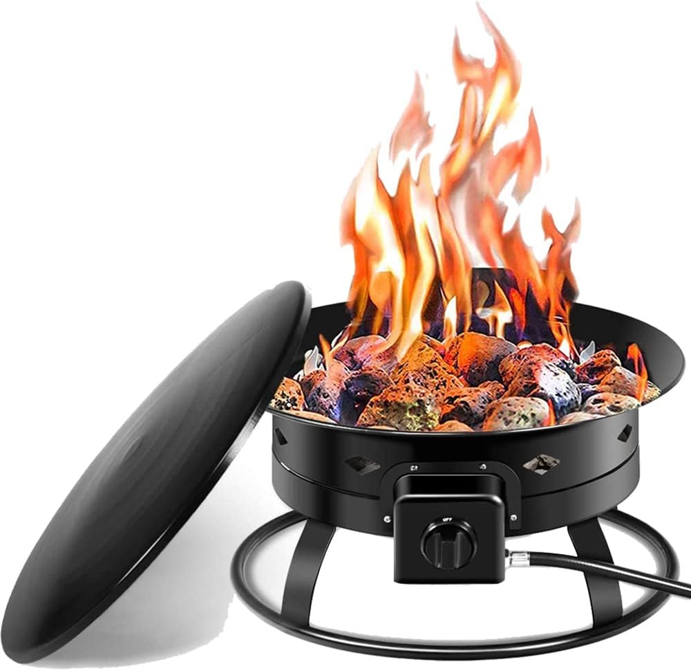 S AFSTAR 19” Gas Fire Pit Bowl, 58,000BTU Portable Propane Fire Pit w/Cover Lava Rock Stone, Tank Stabilizer Ring & Carry Kit, Gas Fire Bowl for Patio Camping Backyard Party