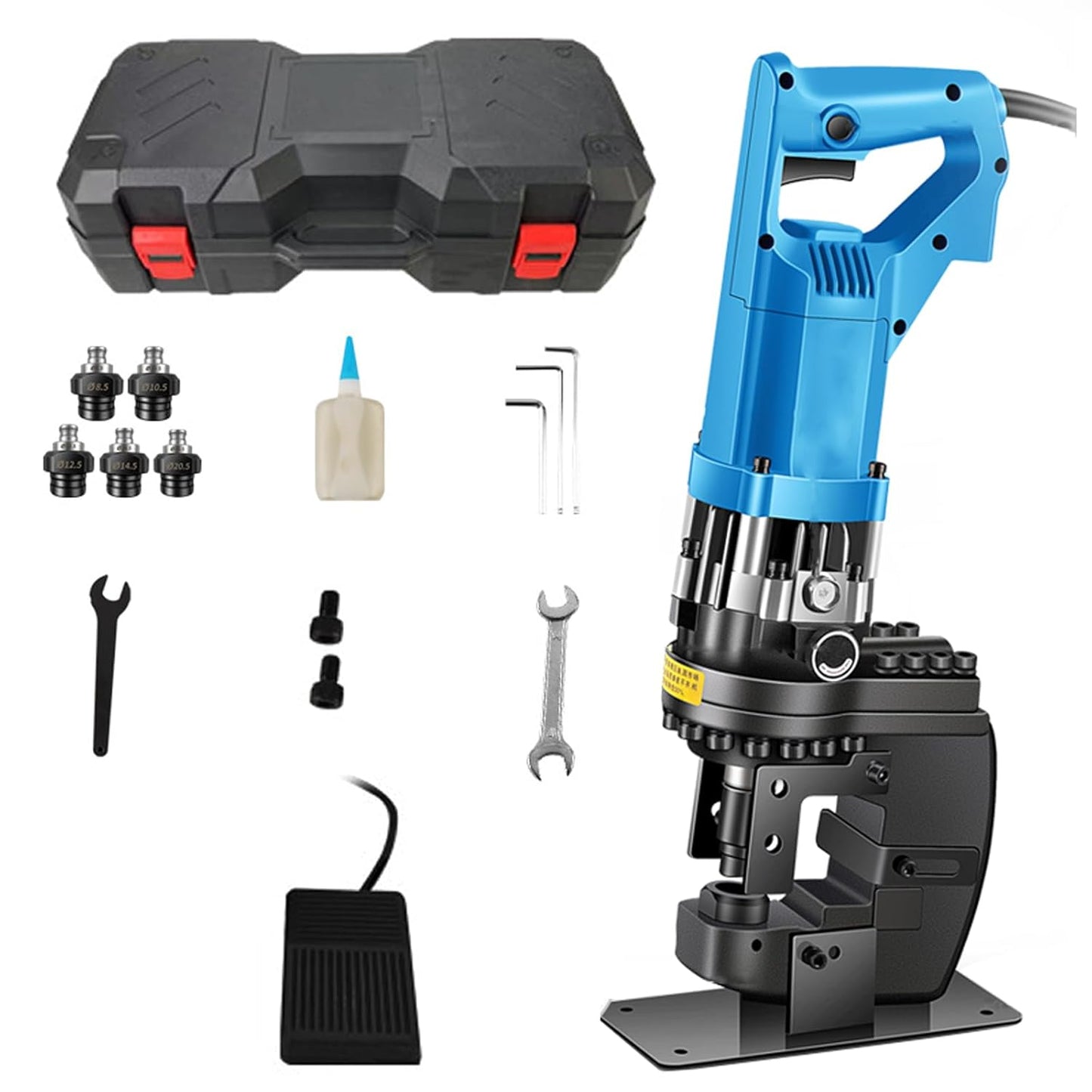 1600W 110V Electric Hydraulic Hole Puncher Φ0.33-0.81" Punching Machine Hydraulic Hole Punching Tool with 5 Sets Dies for Steel Plate Iron Plate Copper Aluminum Plate Angle Steel