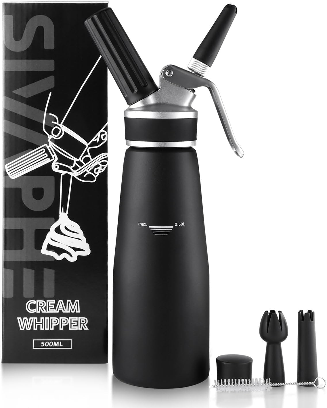 Sivaphe Professional Whipped Cream Dispenser Aluminum Grade Canister, Heavy Duty Cream Whipper Homemade Bliss, Portable Whipped Nitro Coffee Maker Black(Chargers Not Included)