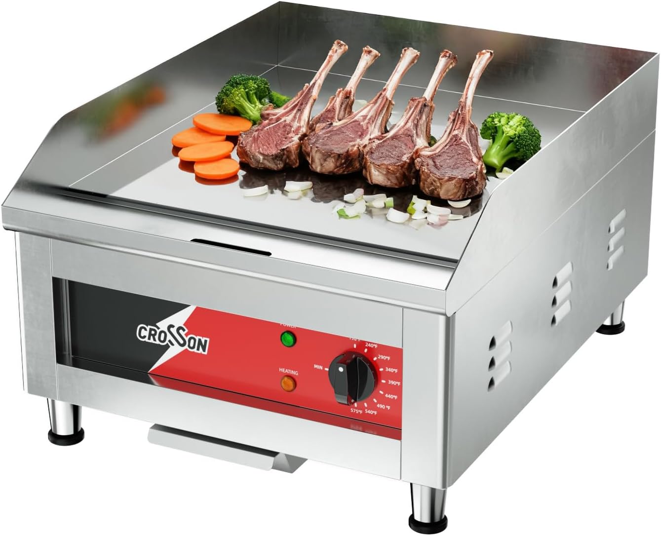 CROSSON 16"*16" Electric Chrome Plated Griddle,Commercial Countertop Flat Top Griddles with Non-Stick 2\/5" Thick Iron Cooking Plate for Restaurant and home use-120V\/1750W,Spatula Included