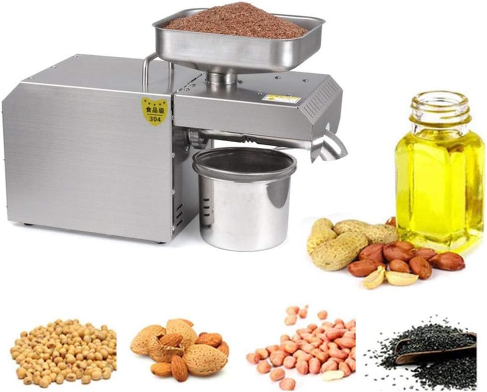 Automatic Oil Press Expeller 304 Stainless Steel Oil Press Machine Electric Cold/Hot Nut Oil Press Extractor for Corn Coconut Peanut Sunflower Seeds 3-6Kg/H Grinder