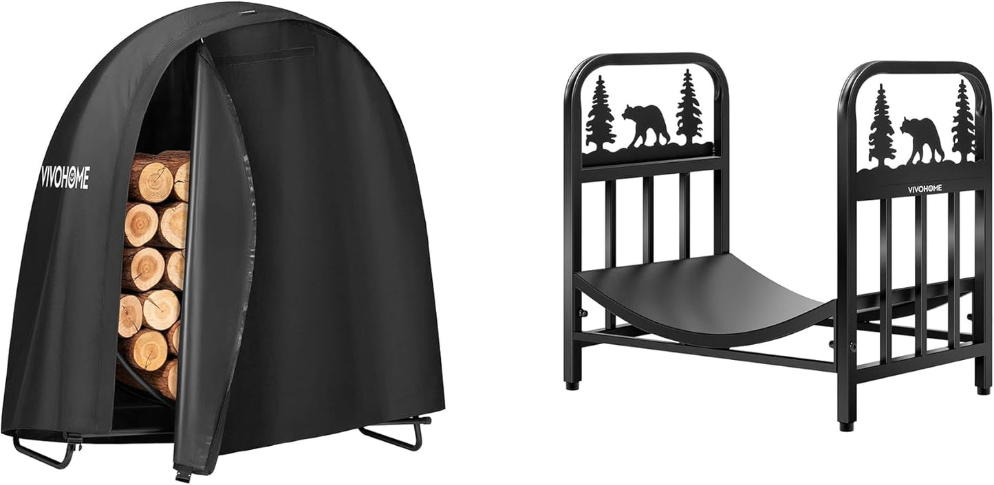 VIVOHOME 48 Inches Firewood Log Rack Hoop with Round Cover, Round Log Holder Ring for Indoor Outdoor Patio Deck Porch, with 16.5 in Firewood Log Rack with Bear Pattern, Indoor Outdoor Waterproof