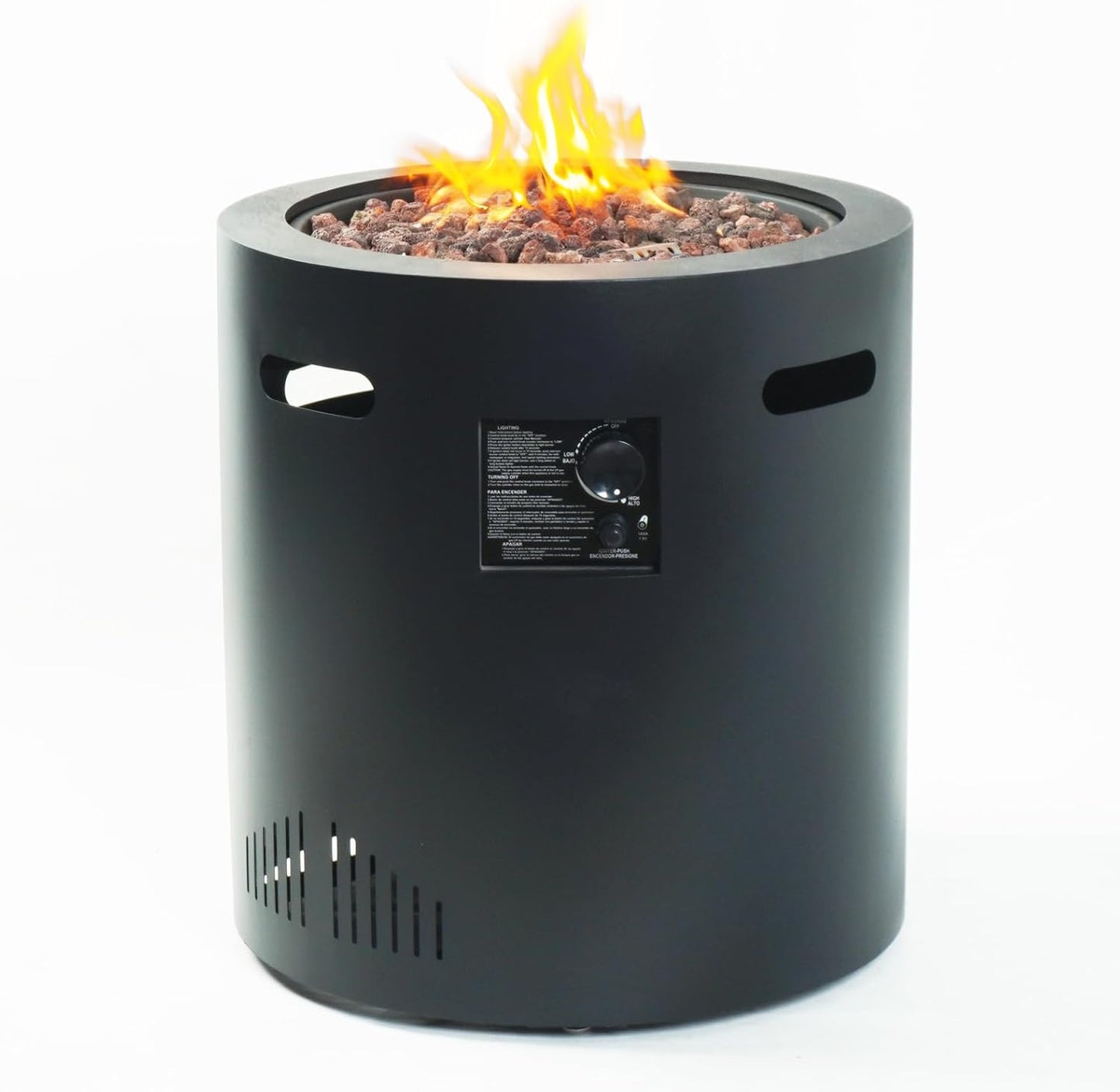 Outdoors 23 inch Steel Gas Fire Pit, Outside Propane Fire Column, Round Fireplace with Lava rocs and PVC Cover for Backyard, Garden and Terrace,Black