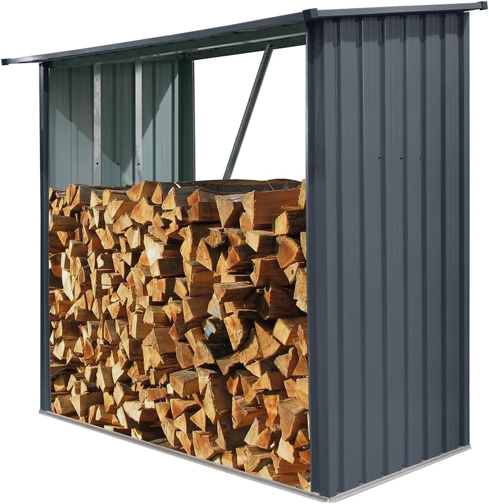 Heavy Duty Galvanized Steel Firewood Storage Shed with Waterproof Roof, Brown, 35.3"D x 85.5"W x 60.7"H