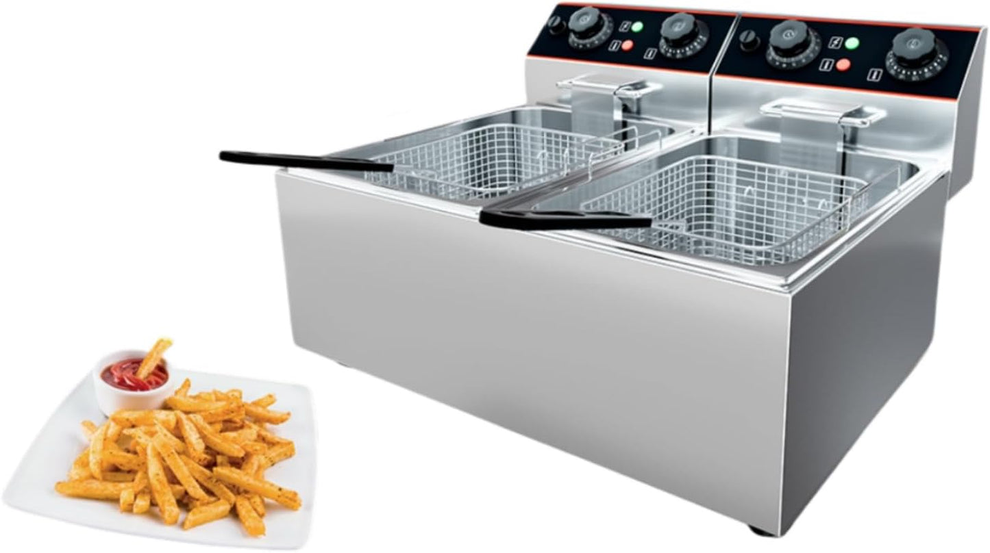 23 QT Commercial Deep Fryer,Stainless Steel Countertop Electric Deep Fryer with Basket, Individual Control,1500W+1500W