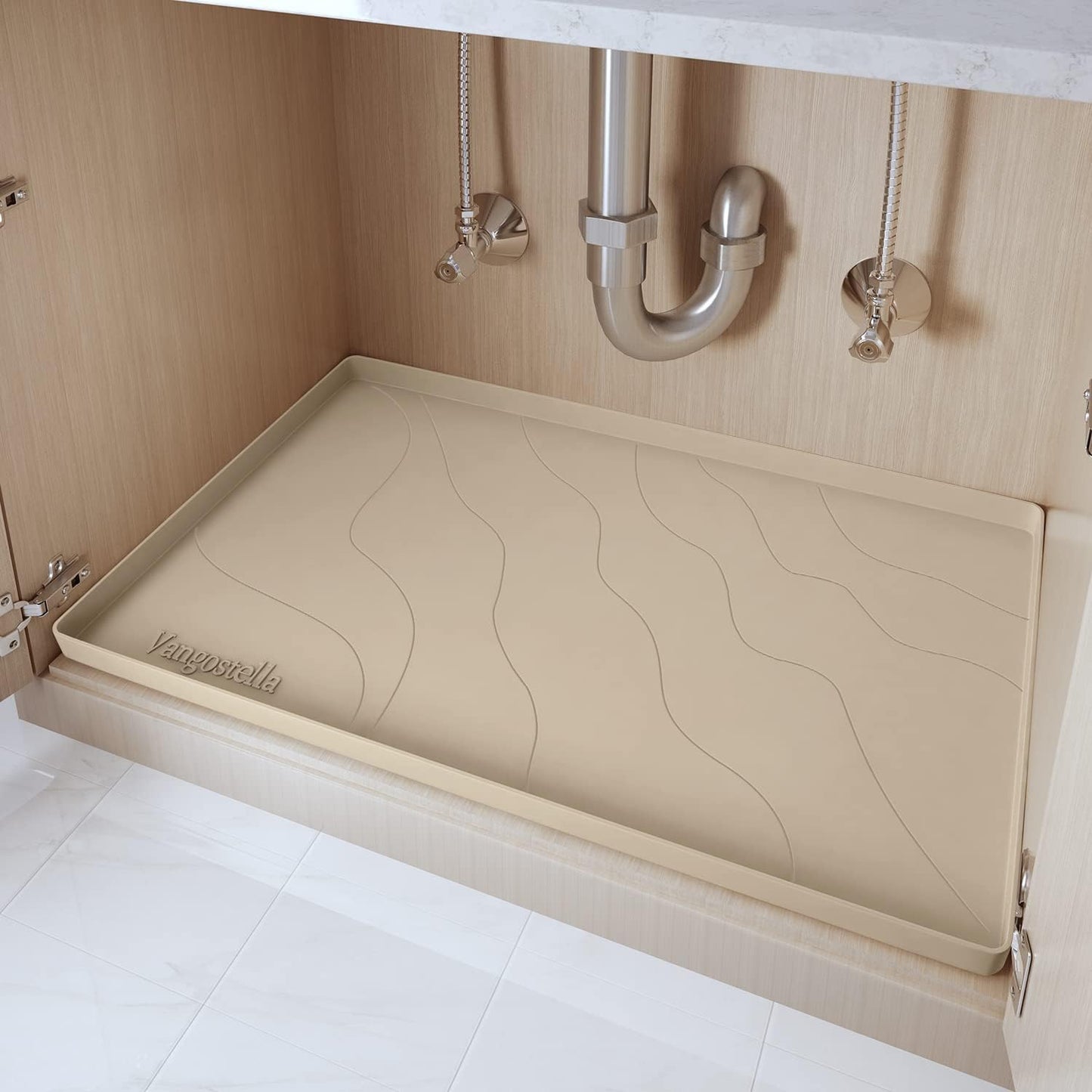 Vangostella Heavy Duty Silicone Under Sink Mat for Kitchen Waterproof 34" x 22", Extra Thick Rubber Mat Drip Tray, Raised Edge Under Sink Liner, Prevent Drips, Leaks, Spills, Beige