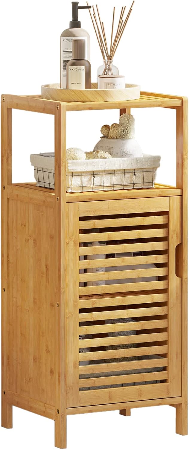 VIAGDO Bamboo Cabinet, Bathroom Storage Cabinet with Single Door and Shelf, Freestanding Bathroom Cabinet, Kitchen Cupboard, Sofa Side Table for Living Room/Hallway/Kitchen