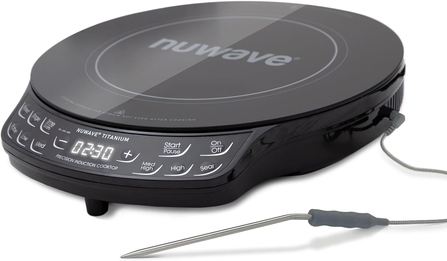 Nuwave Upgraded Induction Cooktop, 3 Wattage Control, Patented Digital Temp Probe, 8\u201DLarge Heating Coil, 12\u201DShatter-Proof Ceramic Glass,106 Temps-Ctrl