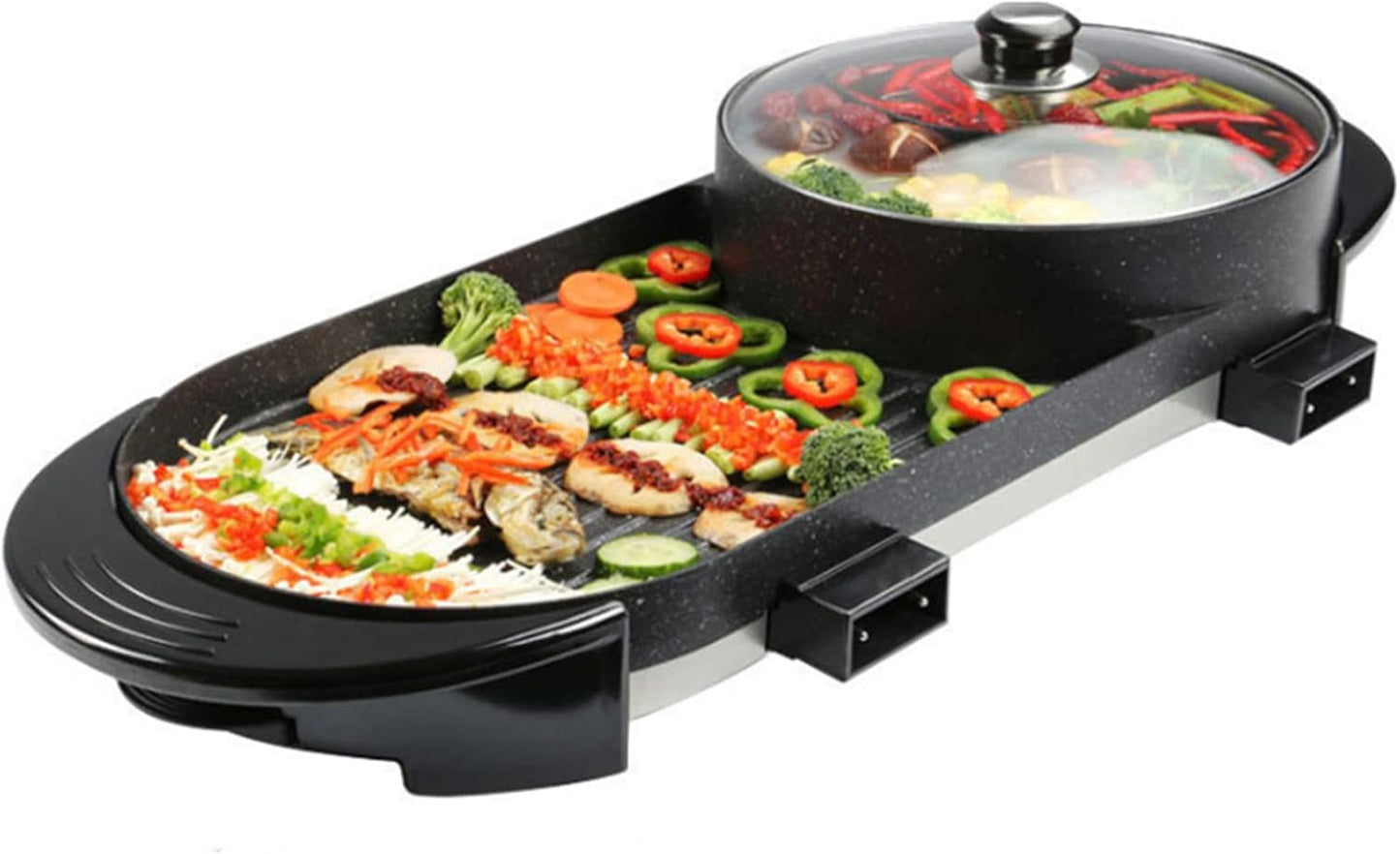 2 in 1 BBQ Grill and Hot Pot with Divider, Electric BBQ Stove Hot Pot, Separate Dual Thermostat Teppanyaki Grill Pot, for Family Dinner Friends Party