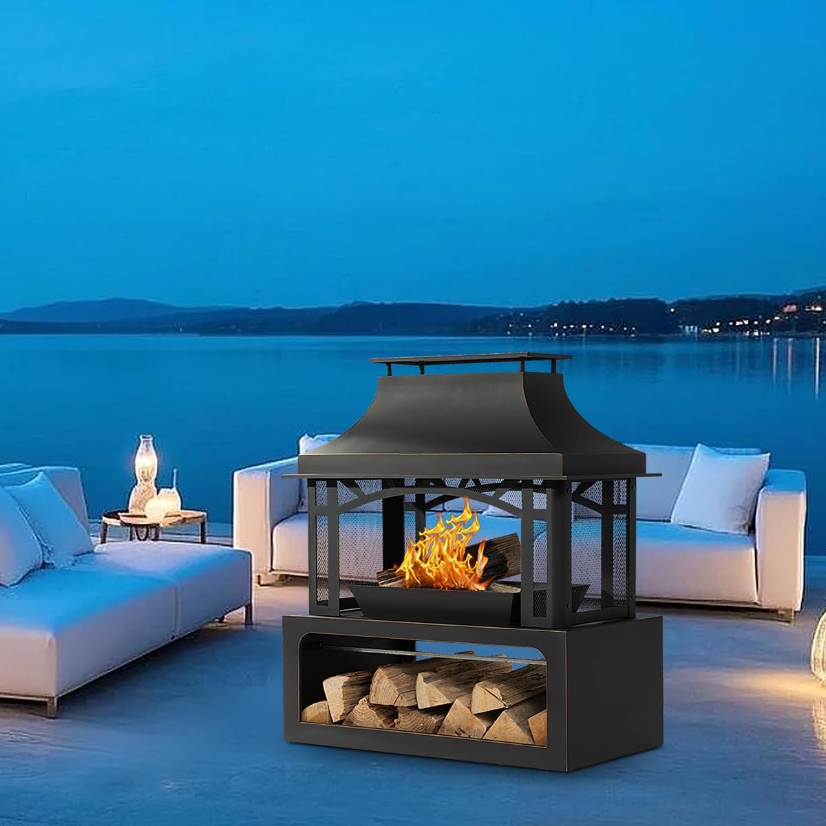 40" Fire Pits with Wood Storage for Outside, Large Wood Burning Outdoor Fireplace with Chimney, Mesh Spark Screen & Fire Poker, Idea for Backyard, Patio, Party, Camping, Picnic