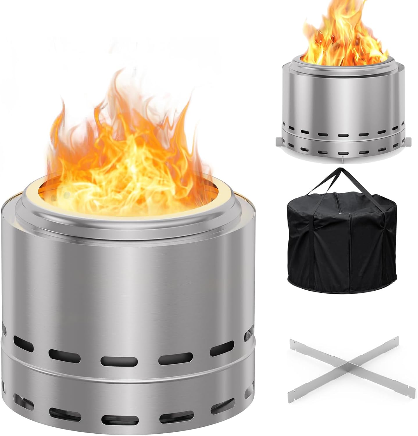 ZonVibe 20" Smokeless Fire Pit, Solo Stove Bonfire with Stand, Removable Ash Pan and Portable Bag, Portable Stainless Steel Wood Burning Outdoor Fireplace, Low Smoke Bonfire (15")