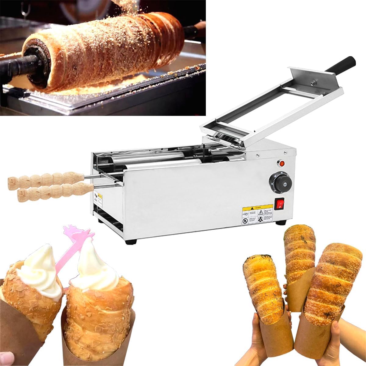 INTBUYING 110V Chimney Cake Roll Oven Maker Chimney Cake Oven Machine 1500W Stainless Steel Ice Cream Cone Maker with 2pcs Baking Tools and Wooden Handles for Commercial and Home Use