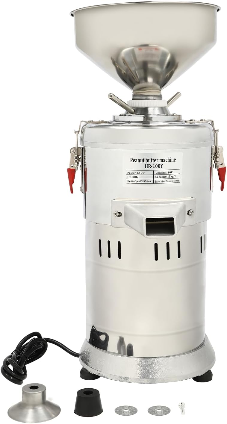 33LBS/H Commercial Peanut Butter Maker Machine, 110V 1100W Freestanding Stainless Steel Grain Grinder Electric Home Sesame Sauce Grinder for Rice, Peanuts, Almonds, Sesame Seeds(Silver)