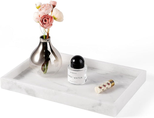 Erongoo Real Natural Marble Tray, 11.7" x 7.8" Decorative Vanity Tray for Bathroom Countertop, Kitchen Counter, or Catchall, White Coffee Table Tray for Jewelry, Perfume, Candles, Office, Home Decor