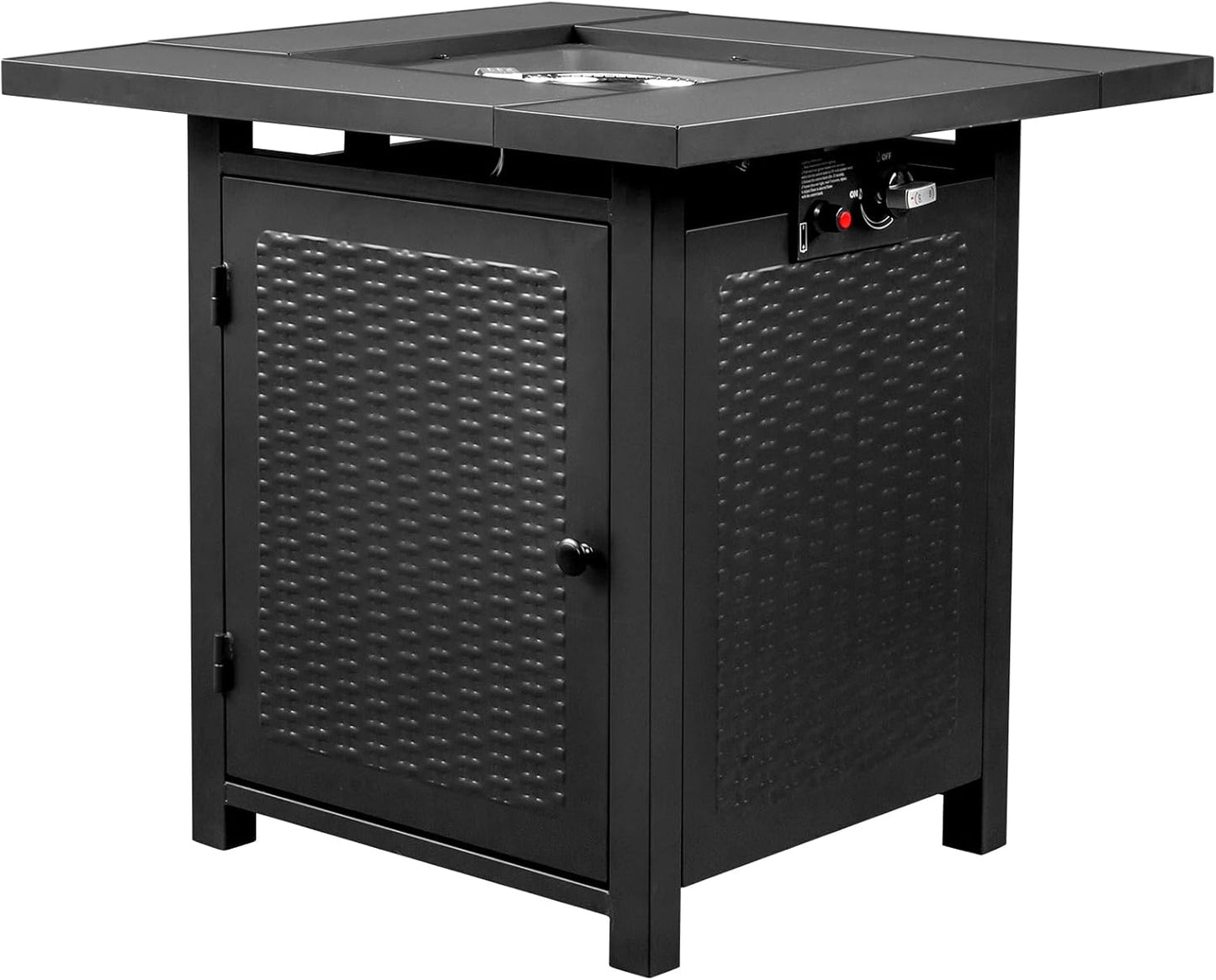 28 Inch Black Wrought Iron Ribbed Panel Gas Fire Pit Table Outdoor Heated Fire Pit Table Faux Rattan Square Steel Fire Table Pulse Ignition 50,000 BTU for Patio Garden Deck Backyard Camping