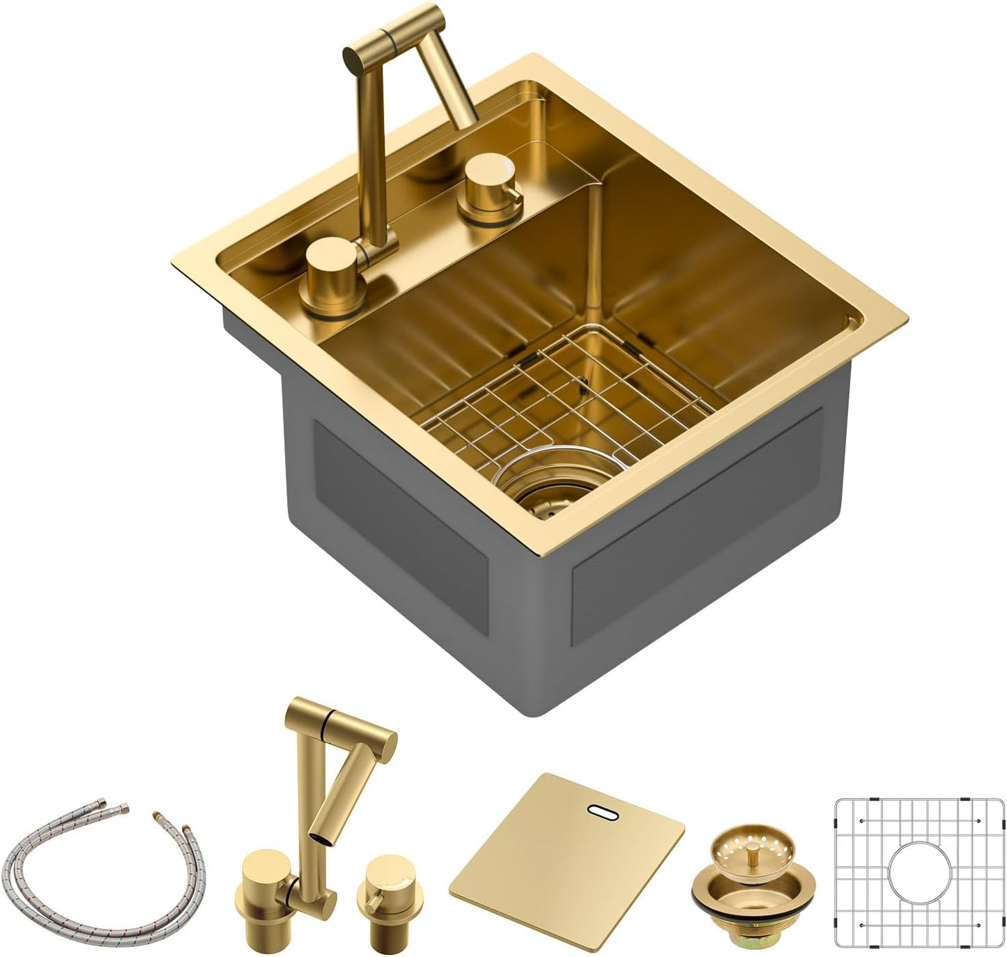 Sarlai Outdoor Sink, 15x17 Inch Gold Undermount Kitchen Sink Workstation with Foldable Faucet Bar Prep Single Bowl Gold Kitchen Sinks16 Gauge Stainless Steel BBQ Sinks with Cover 15"x17"x9\u201C