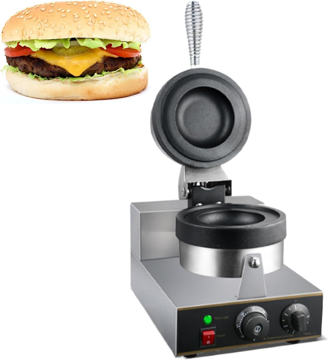 Commercial Burger Waffle Maker, 1300W Non-Stick Electric Panini Press Burger Maker, 50-300℃ Temperature Control