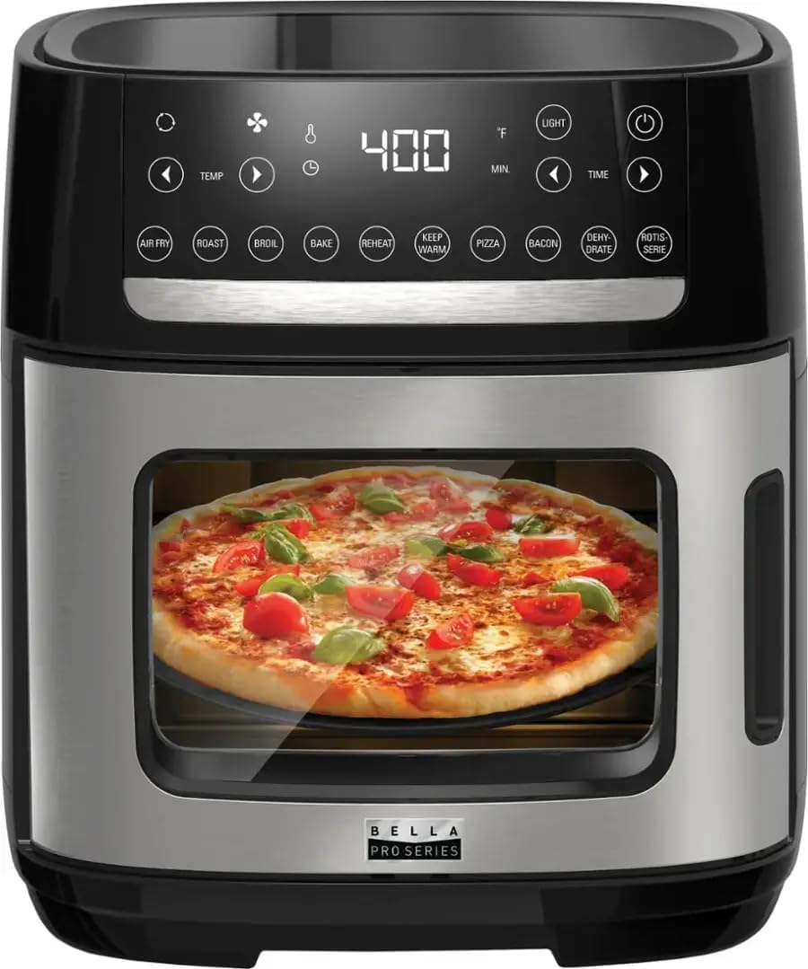 BELLAS PRO 12.6-qt. Air Fryer Pizza Oven with Rotisserie - Non-Toxic Glass Basket, Stainless Steel Interior, 10-in-1 Countertop Kitchen Appliance, Easy Clean BPA-Free Design