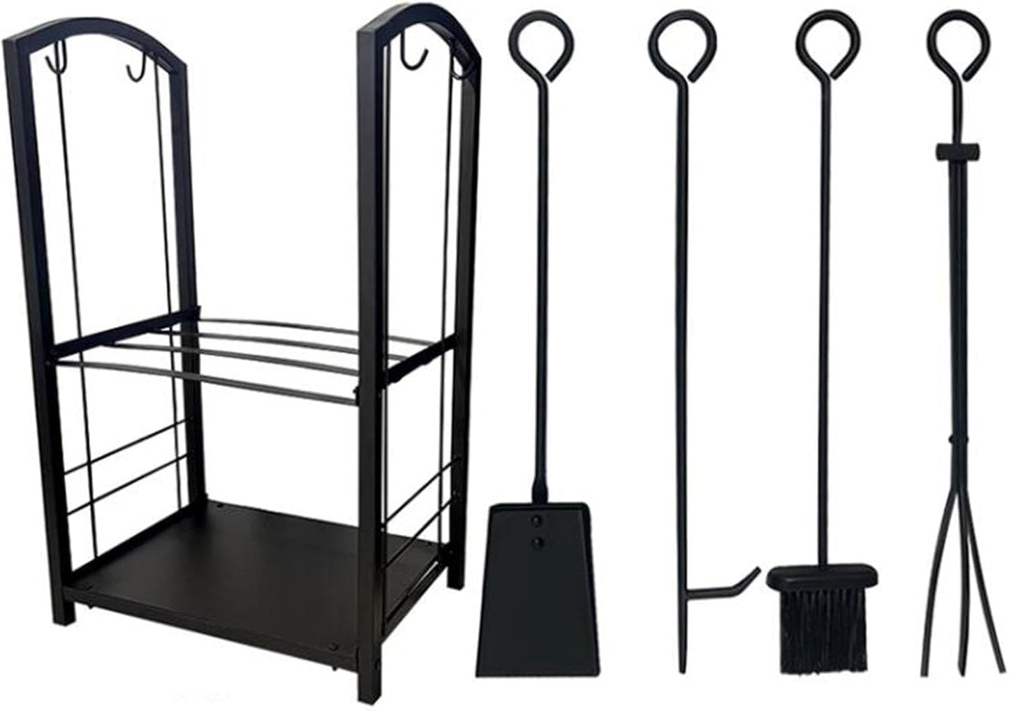 Indoor Outdoor Fireplace Tools Set, Heavy Duty Fire Log Holder Storage Kit with Poker Shovel Tongs Brush, Wrought Iron Firewood Storage Rack