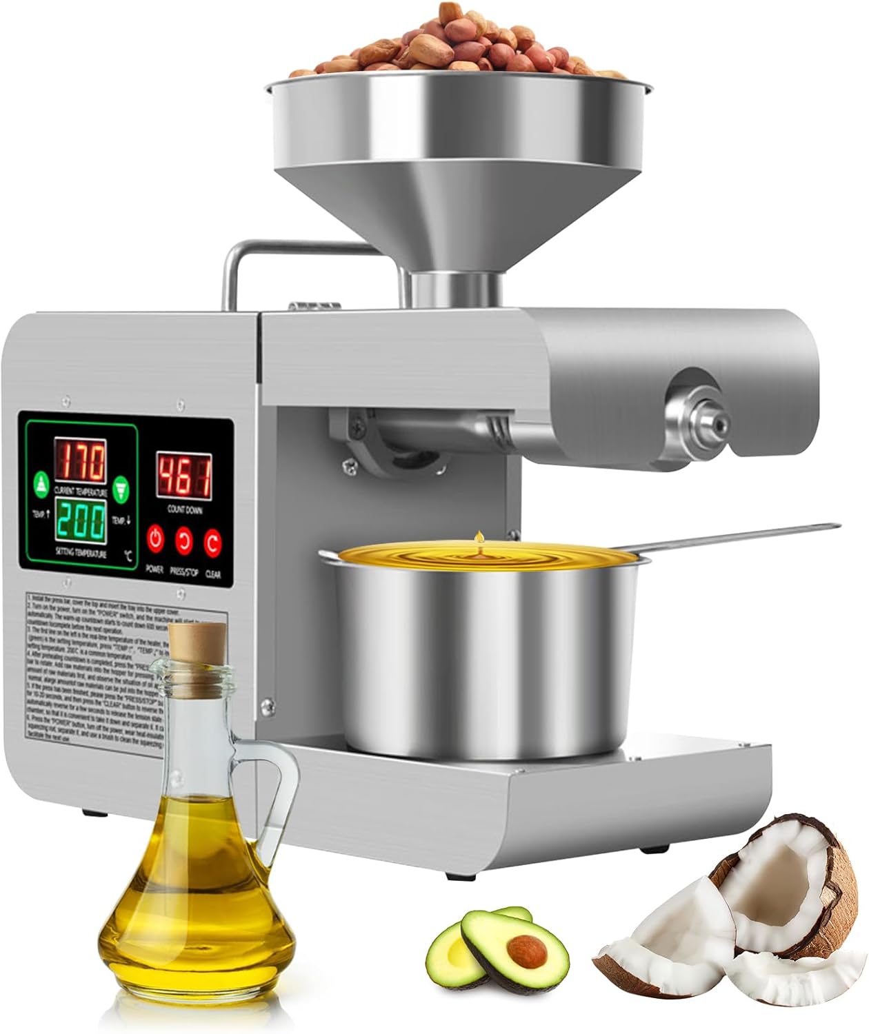 850W Automatic Oil Press Machine, Hot & Cold Press Oil Machine for Home Commercial, 110V 104~572°F Electric Oil Extractor for Walnut Olive Kernel Peanut Sesame Coconut Soybean Sunflower Seeds