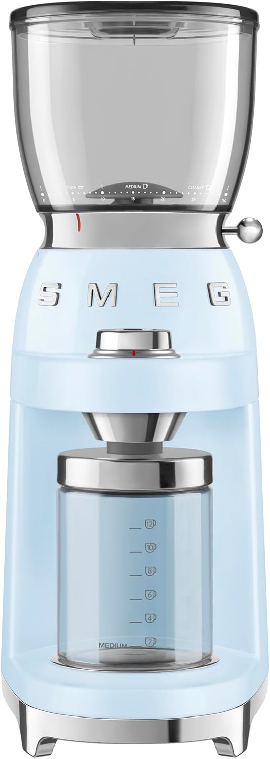 SMEG CGF11 Retro-Style Coffee Grinder \u2013 Burr Mill with 30 Grind Settings, Stainless Steel Conical Burrs, Removable Hopper \u2013 Precision Countertop Grinder for Espresso, Drip, French Press-Pastel Blue