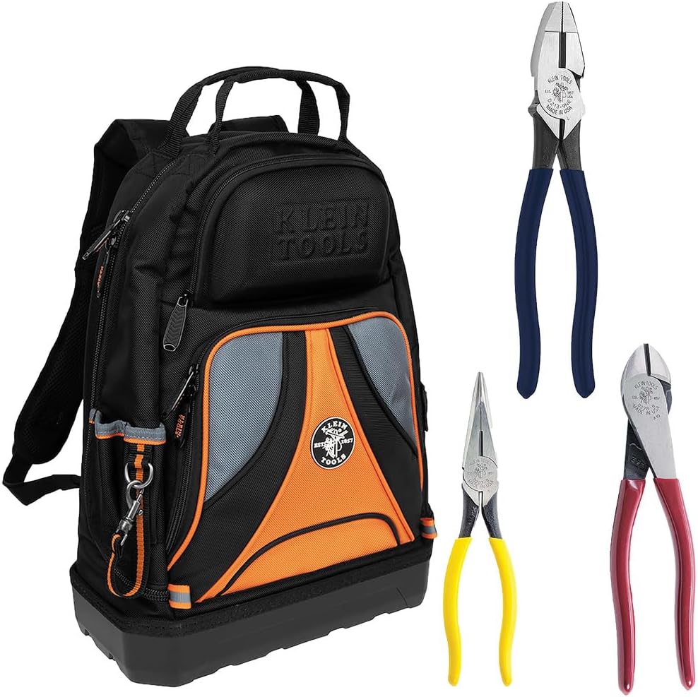 Klein Tools 80120 Backpack and Pliers Kit with Backpack, Long Nose, Diagonal Cut, and Side Cut Pliers, 4-Piece