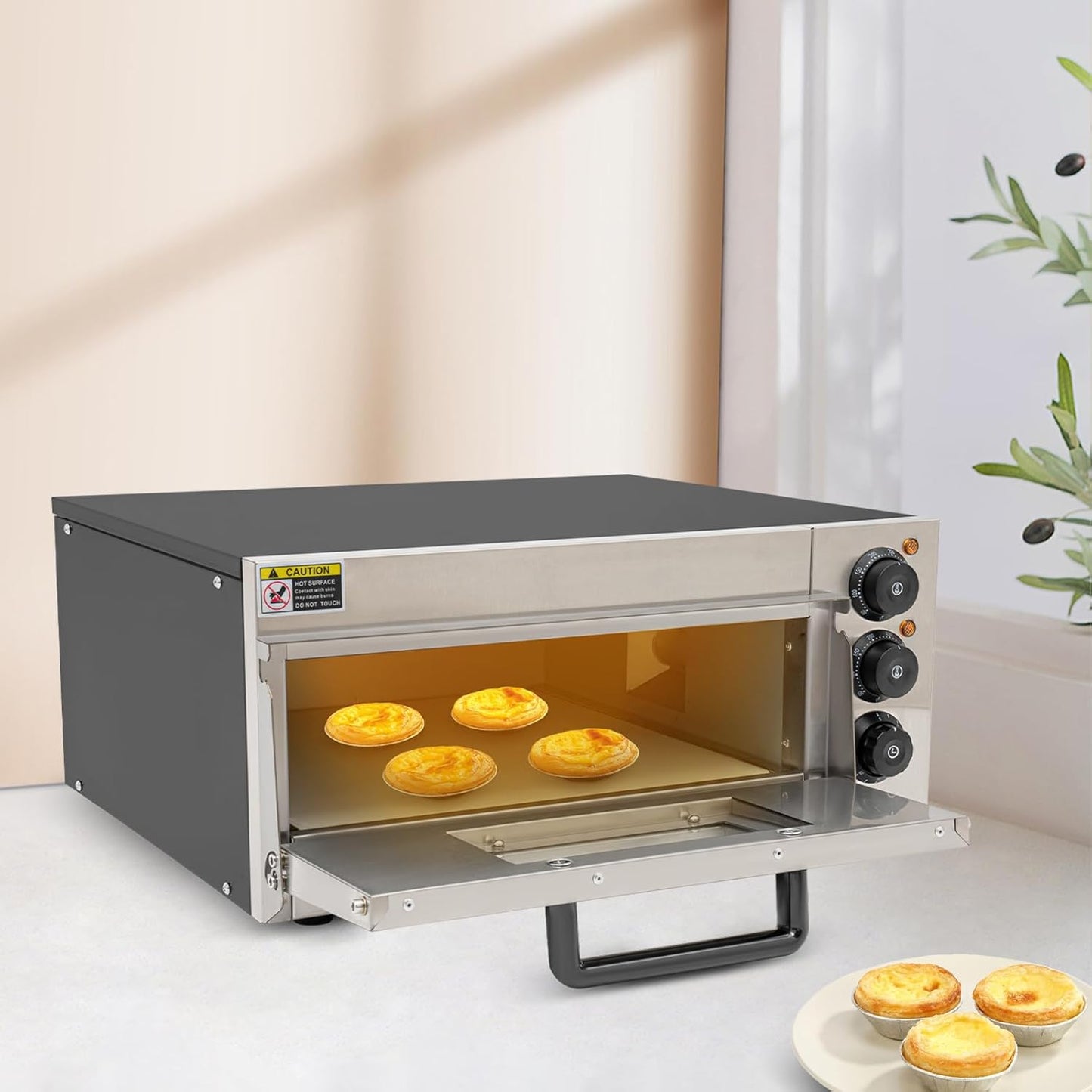 Indoor Pizza Oven 1800W Electric Countertop Pizza Oven with Handle and 30mins Timer Multifunctional Commercial Pizza Maker Machine 110V Indoor Pizza Oven for Home Kitchen Store, Black&Silver