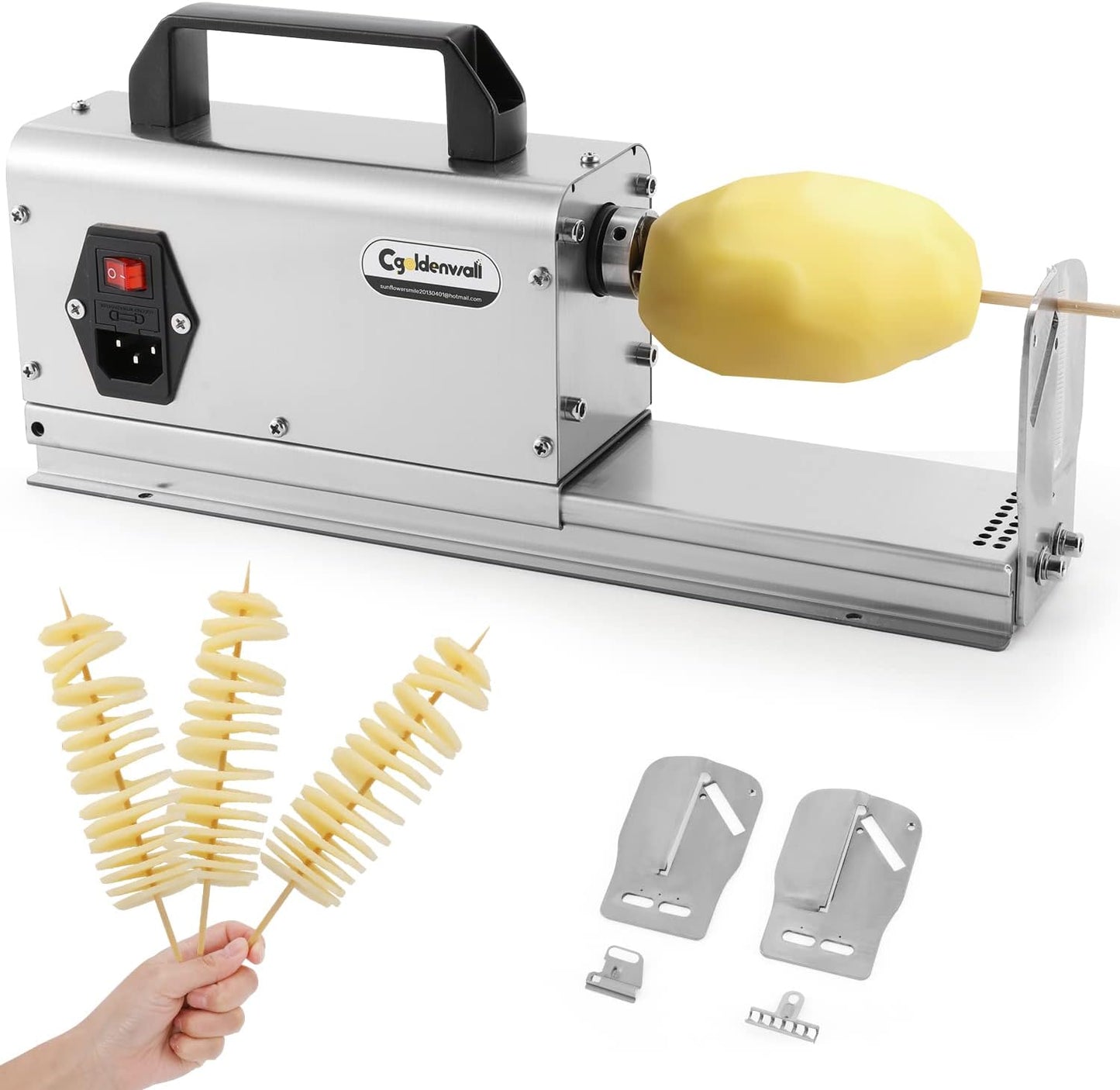 CGOLDENWALL 3 in 1 Electric Tornado Potato Slicer Spiral Potato Cutter Twisted Potato Slicer Spiral Twister Cutter Thicker Stainless Steel Vegetables Cutting Machine with Handle 110V