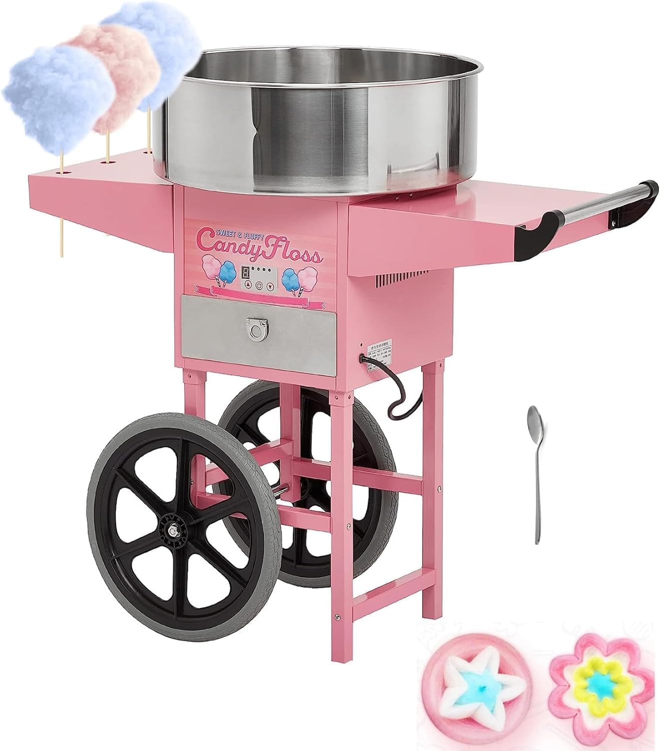 1200W 120V Electric Candy Cotton Machine for Kids With Cart, Candy Cotton Maker Machine With 20 Inch Stainless Steel Bowl, Nostalgia Candy Cart Commercial For Party, Home,Festival, Pinks