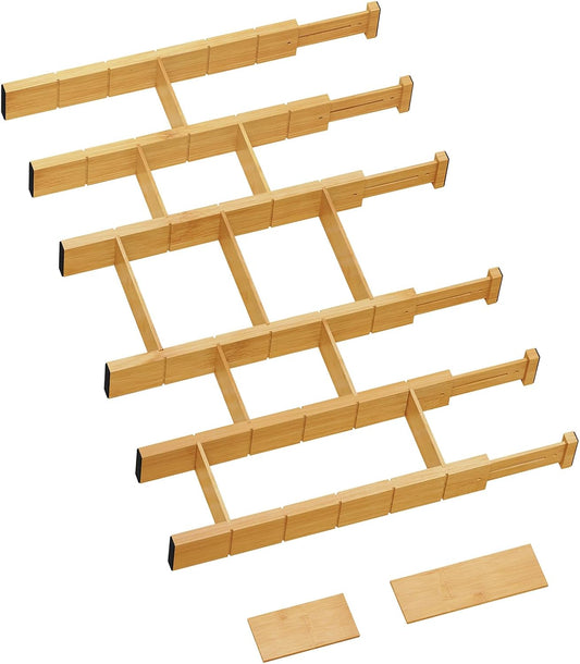 GZOOGHOME 6 Pack Bamboo Drawer Dividers with 12 Inserts, Expandable Adjustable Clothes Drawer Organizers and Storage from 17" to 22" for Kitchen, Bedroom, Dresser, Cosmetics (Natural)