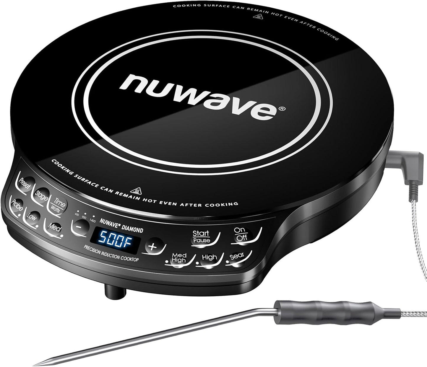 Nuwave Portable Induction Cooktop Diamond with Probe, Advanced Countertop Burner, 91 Temps from 100°F to 500°F, 12\u201DShatter-Proof Ceramic Glass & 6.5\u201DHeating Coil, Ideal for RV Camp,Small Apt,Travel