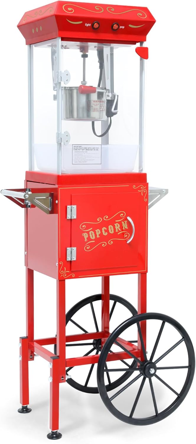 Popcorn Machine with Cart and Wheels, Professional Cart With 6 Oz Kettle Makes, Popcorn Maker with Stainless Steel Scoop, Oil Spoon, Mobile Cart with Lockers for Commercial Home Movie Theater (Red)