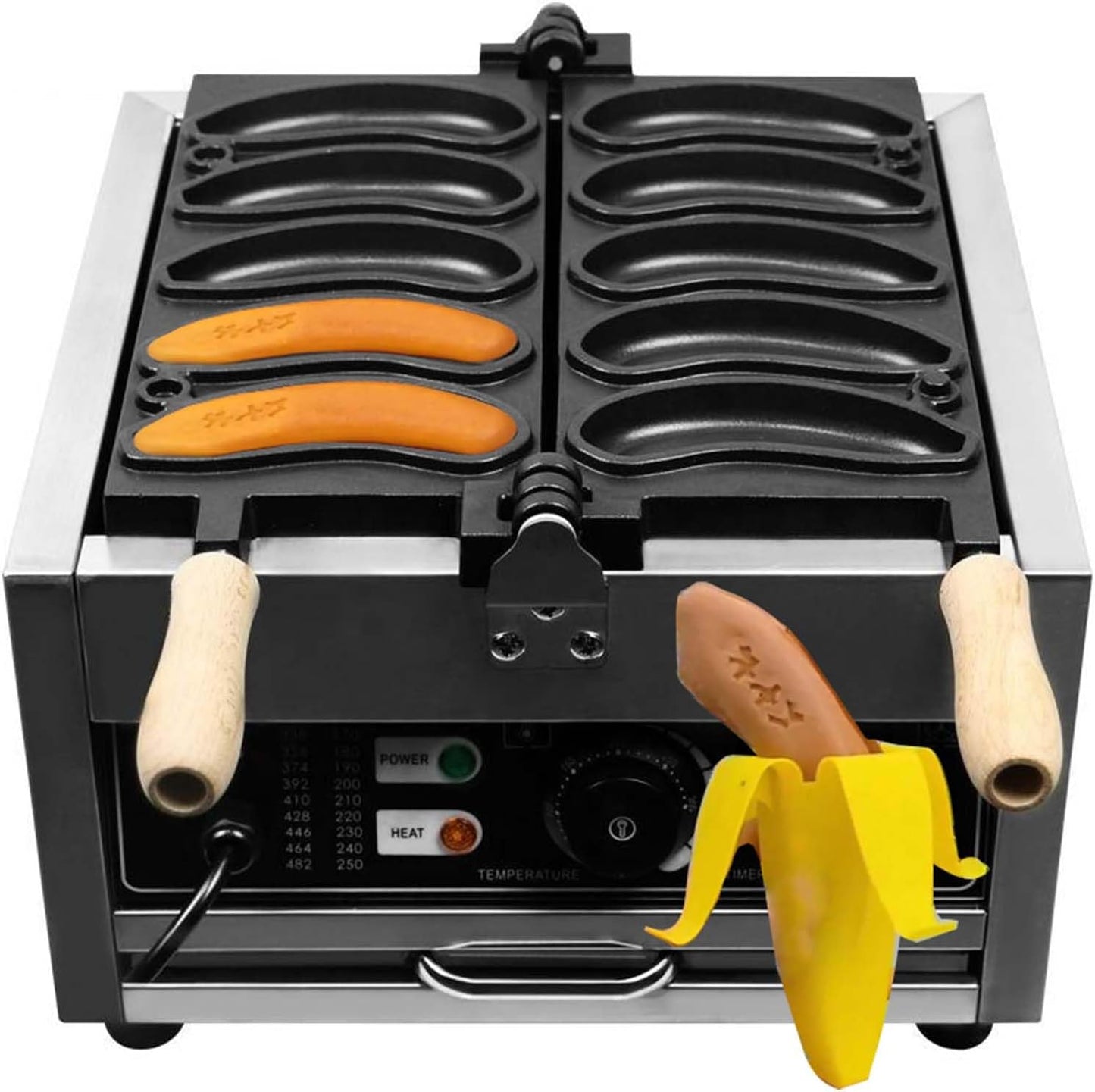 Electric Banana Shape Waffle Maker, Commercial Egg Hot Dog baker Waffle Machine, 5 Pcs Molds, Non-Stick Teflon Coating, 122-572℉/50-300℃ Adjustable