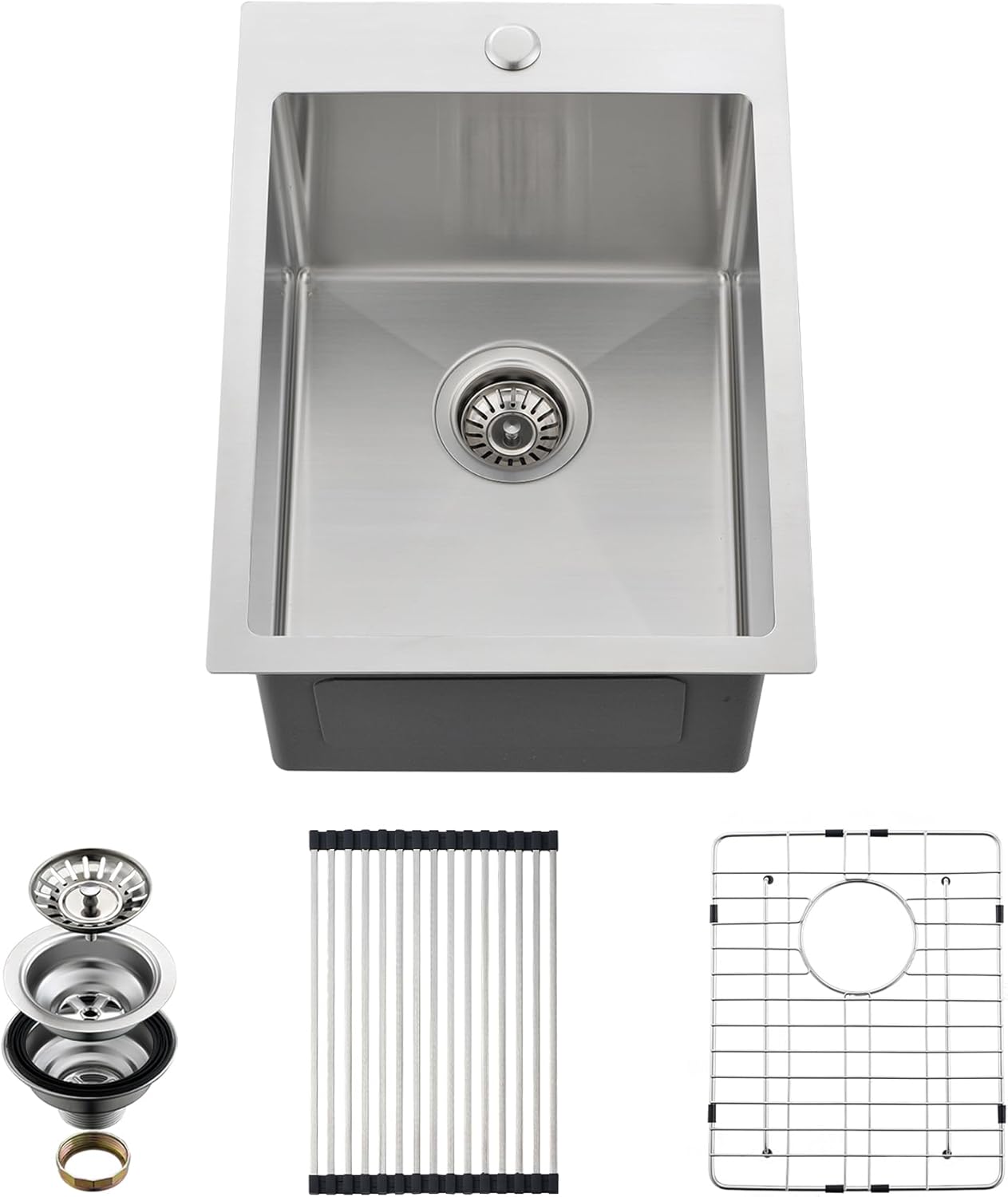 EcoChannels Drop In Kitchen Sink, 15 x 20 x 10 Inch 16 Gauge Single Bowl Topmount Wet Bar Sink T-304 Stainless Steel RV Kitchen Sinks