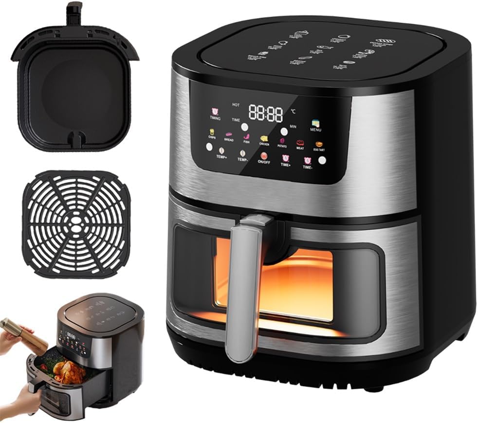 2026 New 8-in-1 Air Fryer 13.62 QT\/15LCapacity,Viewing Window,Touch Screen,Ceramic Coating,Stainless Steel Inner,400°f\/200°c Dual Heats Even Cook,Non Toxic,Easy Clean Parts,75% Less Oil
