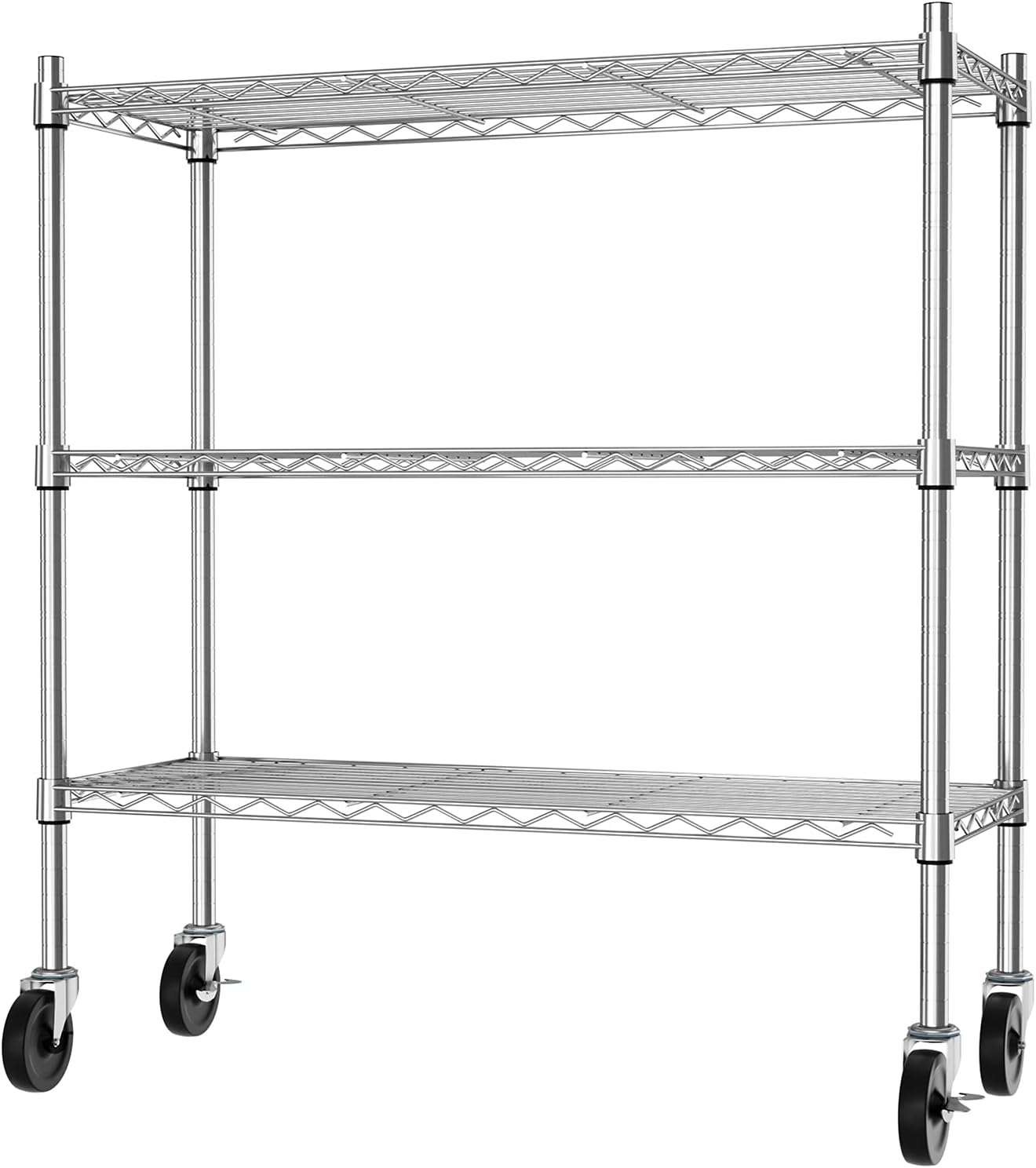 Auslar 3-Shelf Storage Shelves with Casters Heavy Duty 3-Tier Rolling Cart Utility Racks Adjustable Wire Metal Storage Shelving, Chrome