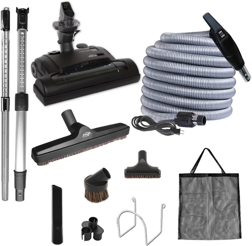 OVO Central Vacuum Carpet Deluxe Kit, 50ft ON\/Off High-Voltage Hose with Pigtail, Deluxe 6 Adjustable Height Electric Carpet Beater, 12\u2019\u2019 Premium Floor Brush, Cleaning Tools and Easy Storage Acc.