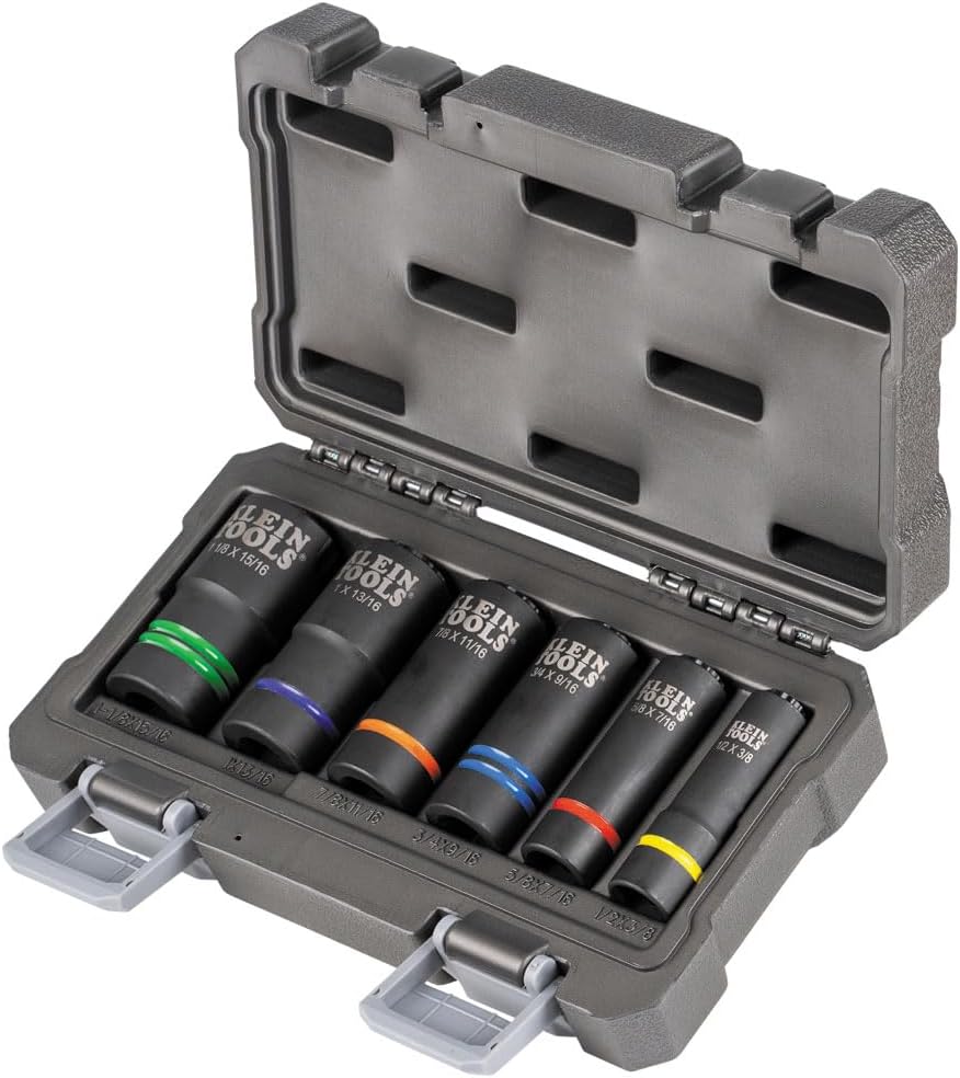 Klein Tools 66090 1/2-Inch Impact Socket Set, 2-in-1 Slotted Design, 12-Point Deep Sockets, for Impact Wrenches, Includes Tool Case, 6-Piece