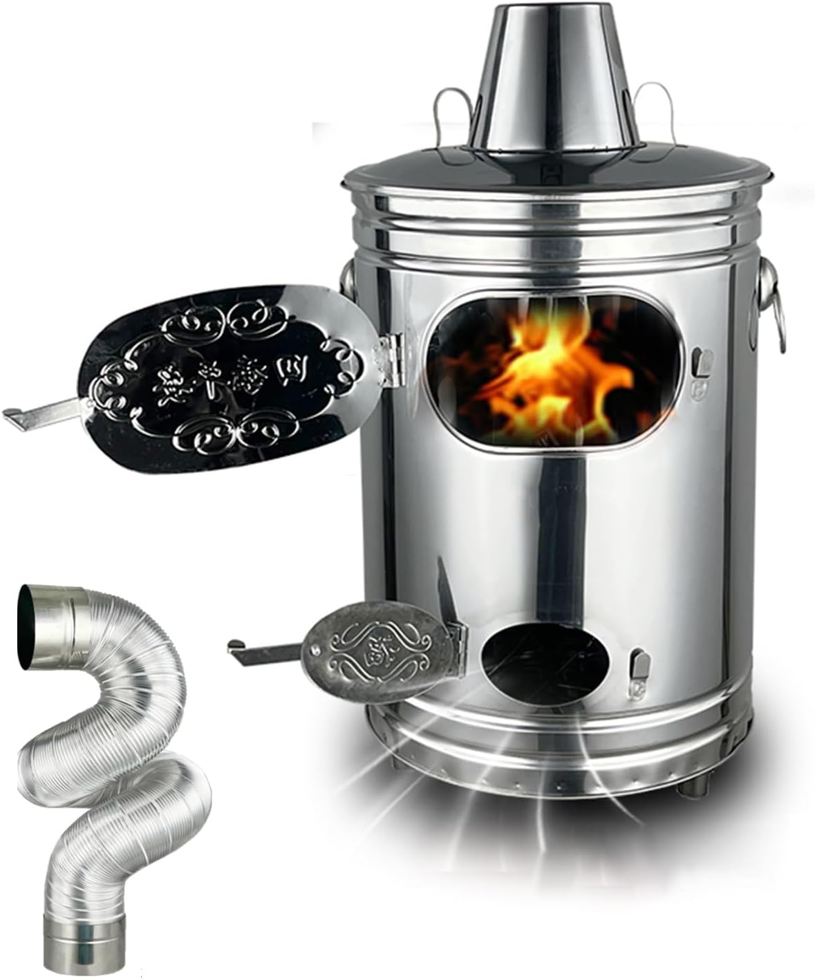 Portable Stainless Steel Burn Barrel Incinerator - Includes Chimney and Lid, Fire Hook for Burning Garbage, Leaves, and Paper Trash