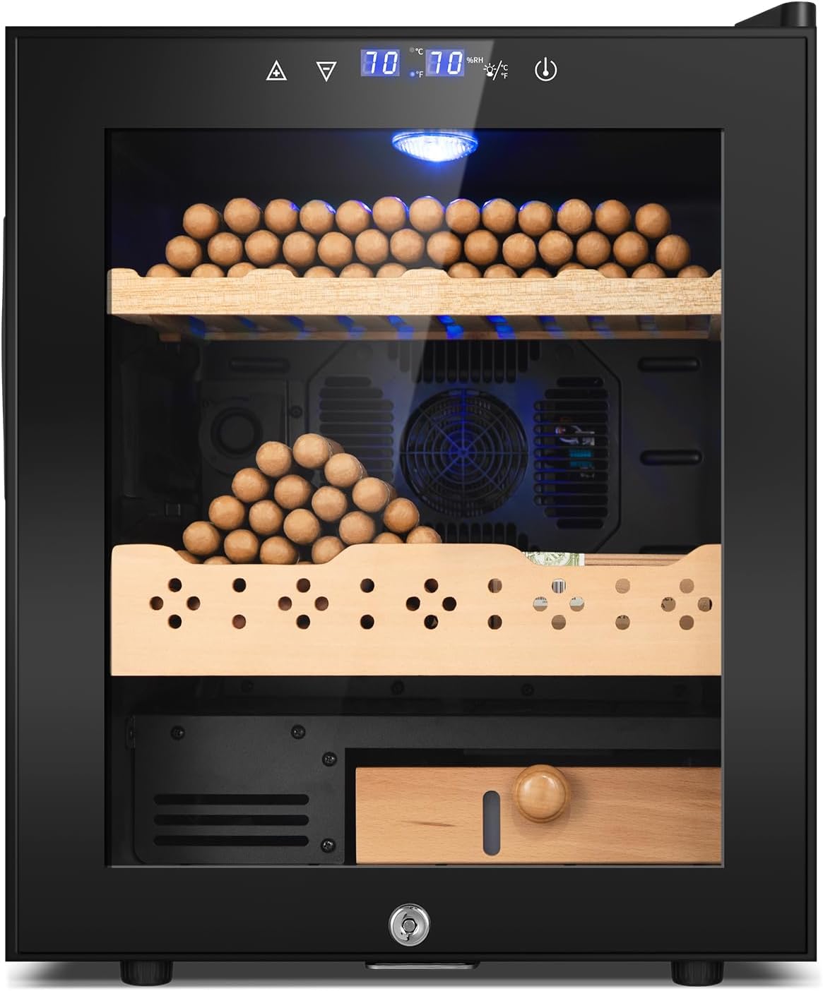 Electric Cooler Cabinet 50L with Temperature and Humidity Control, Spanish Cedar Wood Shelves and Safety Lock (360 Counts Capacity)