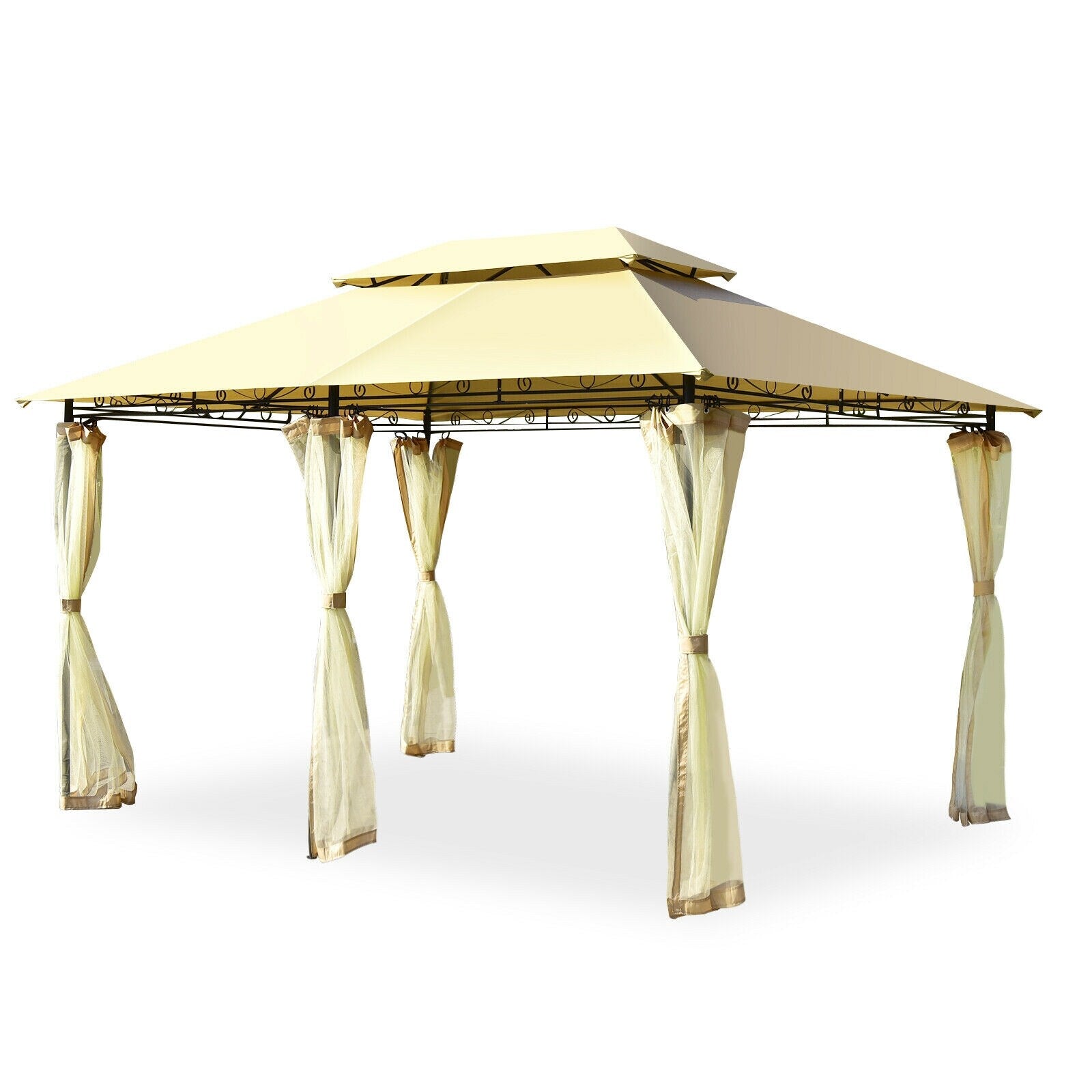 Forclover 13-ft x 10-ft Patio Double-Layer Roof Canopy Gazebo Beige with Soft Top Roof (Screen Included)