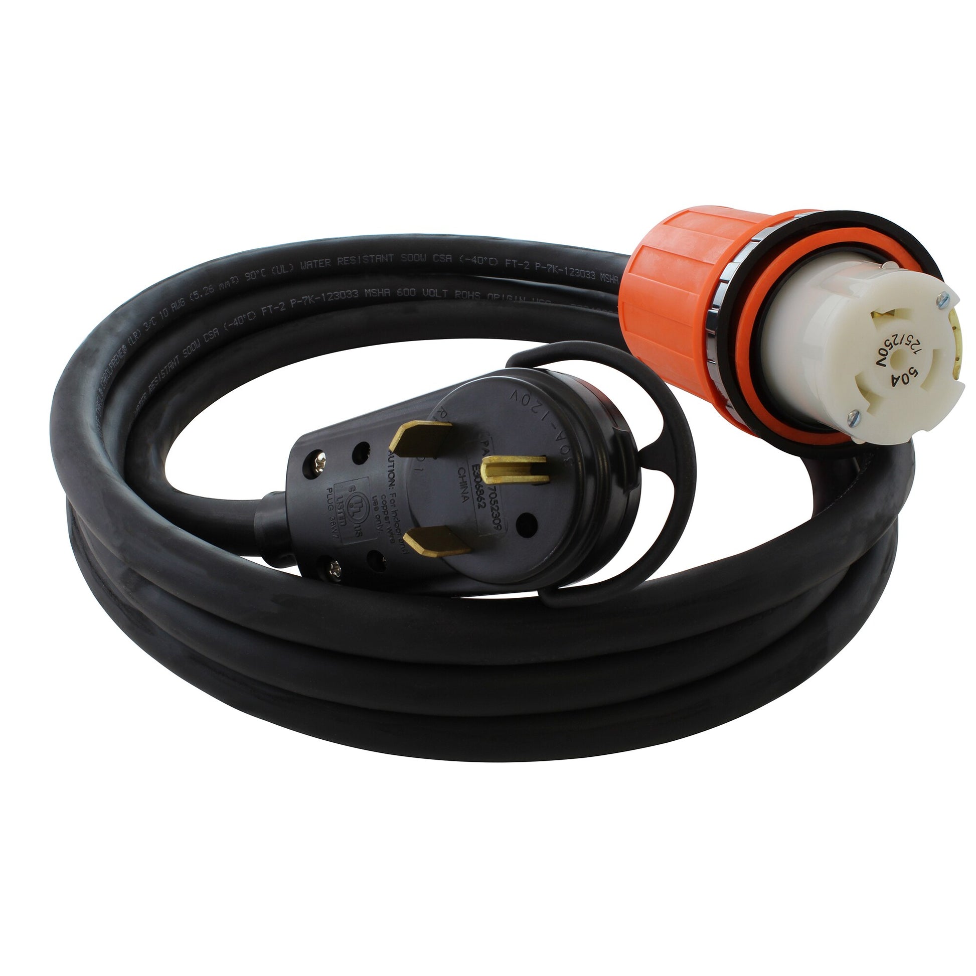 AC WORKS TT-30P to SS2-50R 50ft cord 50-ft 10 / 3 3 Prong Black Indoor/Outdoor SOOW Heavy Duty General Extension Cord